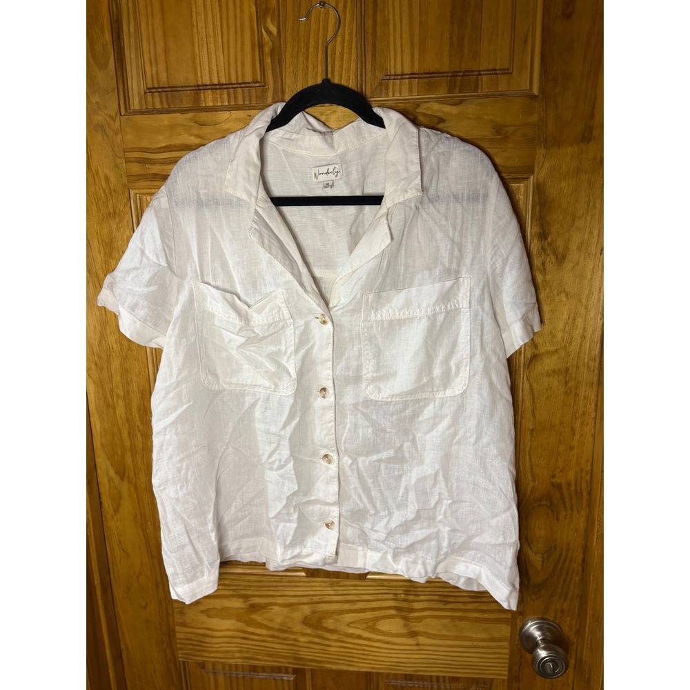 Wonderly Womens XL White Linen Lyocell Blend Short Sleeve Button Down Shirt Top